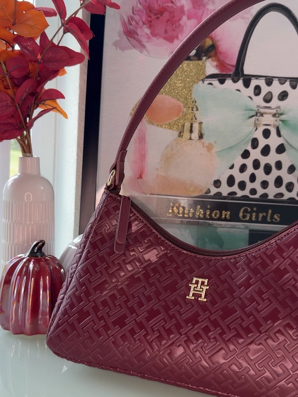 Tommy Hilfiger Burgundy Quilted Shoulder Bag with Gold Logo